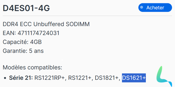 Modules DDR4 DS1621+ site Synology