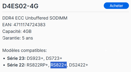 Modules DDR4 RS822+ site Synology