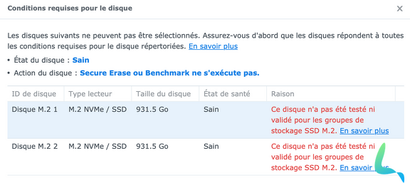 Disque SSD NVMe non compatible groupe stockage Synology