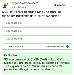 Ordre de grandeur nombre mélanges jeux de 52 cartes