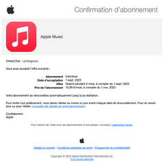 Confirmation abonnement Apple Music septembre 2023