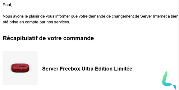 Mail de commande Freebox Ultra Edition Limitée