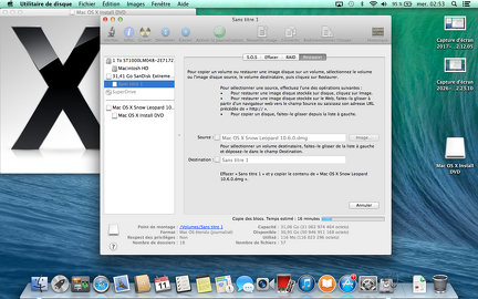 Création clé USB Snow Leopard source de restauration fichier dmg destination de restauration volume de la clé USB