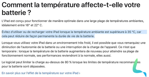 La température peut affecter la santé d'une batterie - Site d'Apple