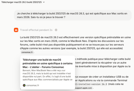 Build 25D2125 de macOS 26.3 question au chat Mistral