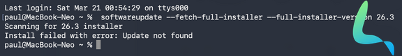 Commande softwareupdate macOS 26.3