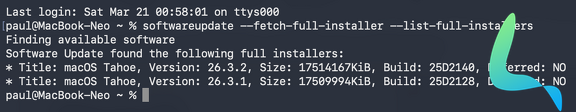 Commande softwareupdate macOS 26.3.1 et 26.3.2 MacBook Neo